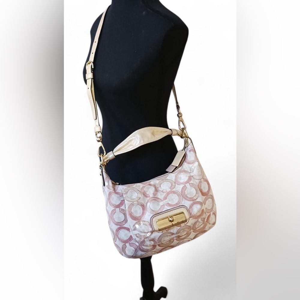 Coach Shoulder Bag in Pink and Beige Signature Print with Gold Hardware
